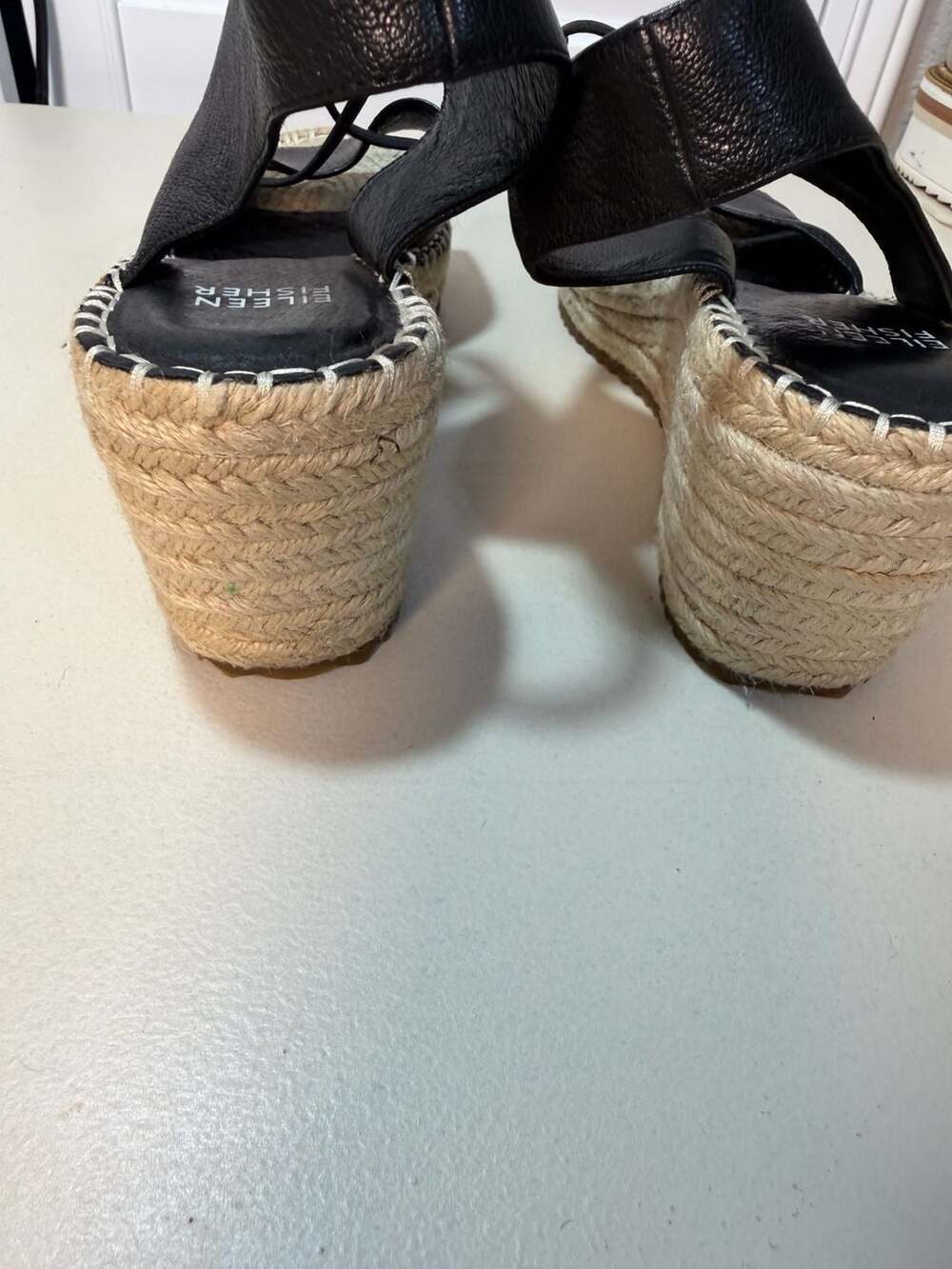 Eileen Fisher Black Leather Espadrille Wedge Sandals Size 8.5 - Picture 5 of 6